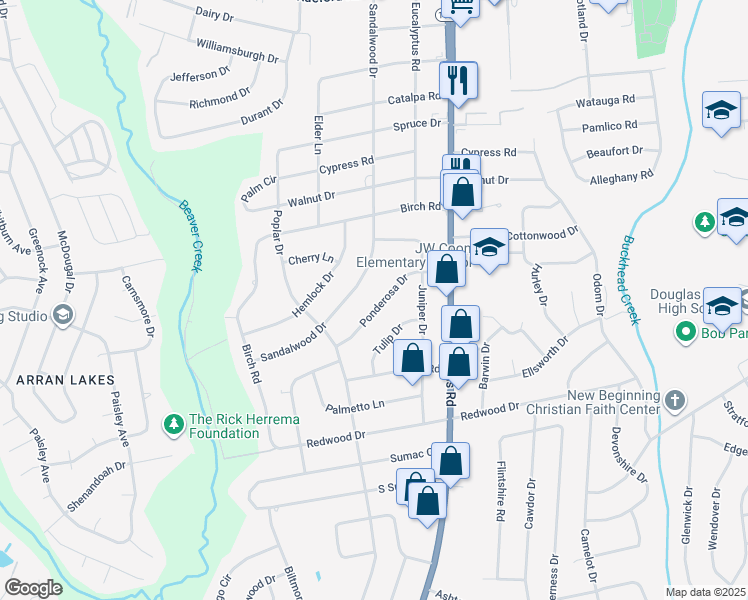 map of restaurants, bars, coffee shops, grocery stores, and more near 901 Sandalwood Drive in Fayetteville