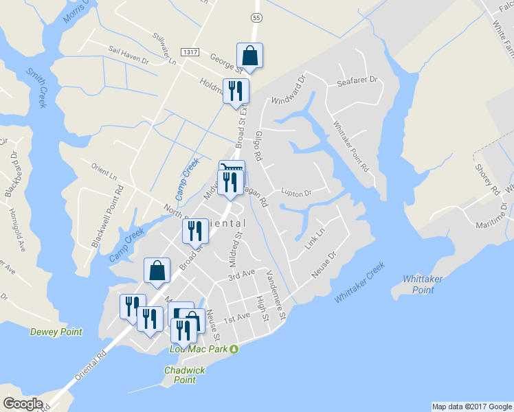 map of restaurants, bars, coffee shops, grocery stores, and more near 601 Ragan Road in Oriental