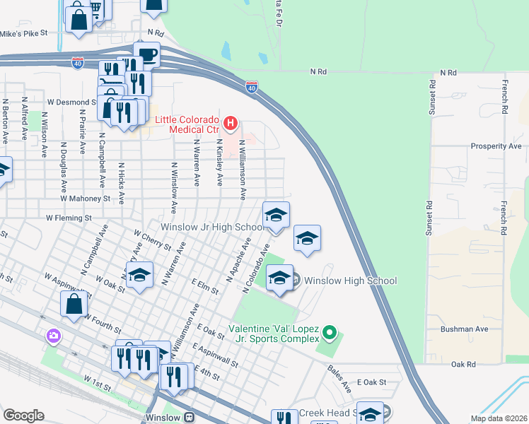 map of restaurants, bars, coffee shops, grocery stores, and more near 1204 North Apache Avenue in Winslow