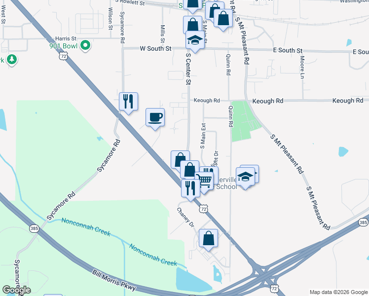 map of restaurants, bars, coffee shops, grocery stores, and more near 464 South Center Street in Collierville