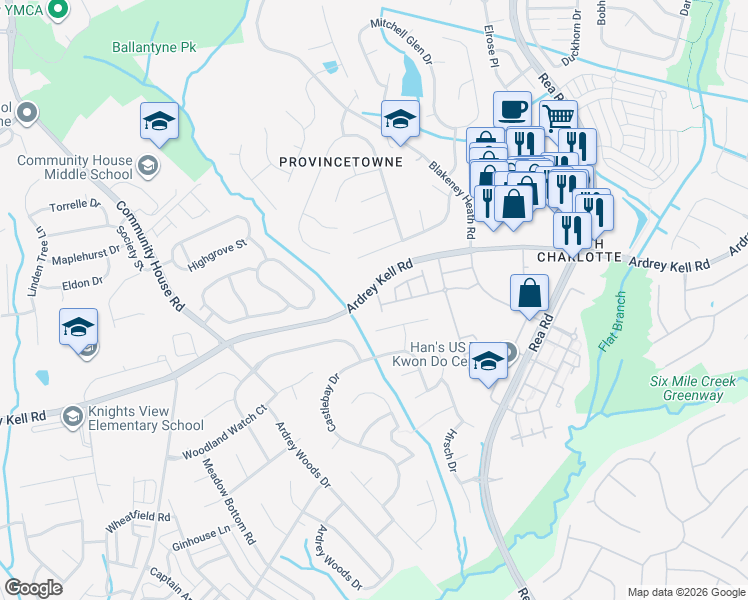 map of restaurants, bars, coffee shops, grocery stores, and more near 9816 Carson Whitley Avenue in Charlotte