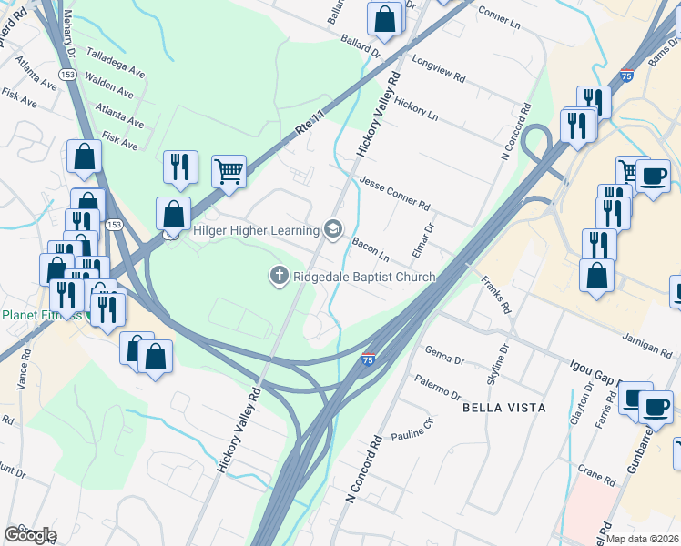 map of restaurants, bars, coffee shops, grocery stores, and more near 6805 Chiswick Drive in Chattanooga