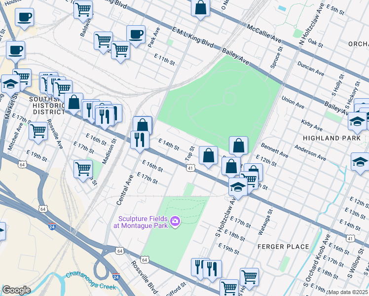 map of restaurants, bars, coffee shops, grocery stores, and more near 1015 East 13th Street in Chattanooga