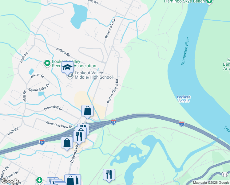 map of restaurants, bars, coffee shops, grocery stores, and more near 348 Patten Chapel Road in Chattanooga