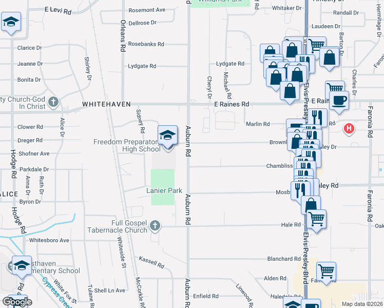 map of restaurants, bars, coffee shops, grocery stores, and more near 889 Brownlee Road in Memphis