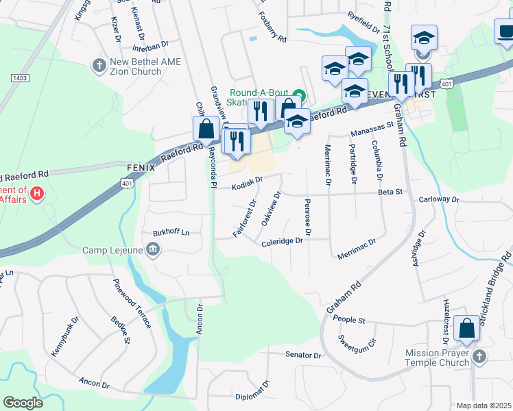 map of restaurants, bars, coffee shops, grocery stores, and more near 1939 Fairforest Drive in Fayetteville