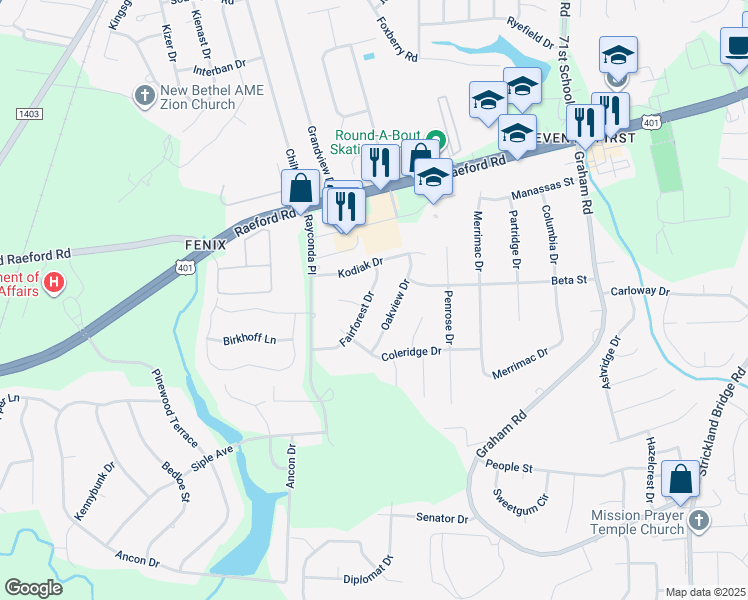 map of restaurants, bars, coffee shops, grocery stores, and more near 1939 Fairforest Drive in Fayetteville