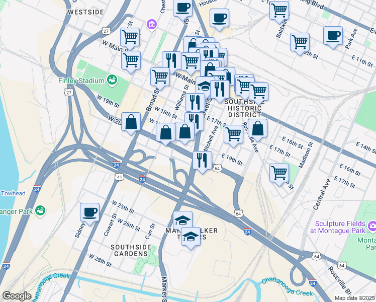 map of restaurants, bars, coffee shops, grocery stores, and more near 27 Long Street Alley in Chattanooga