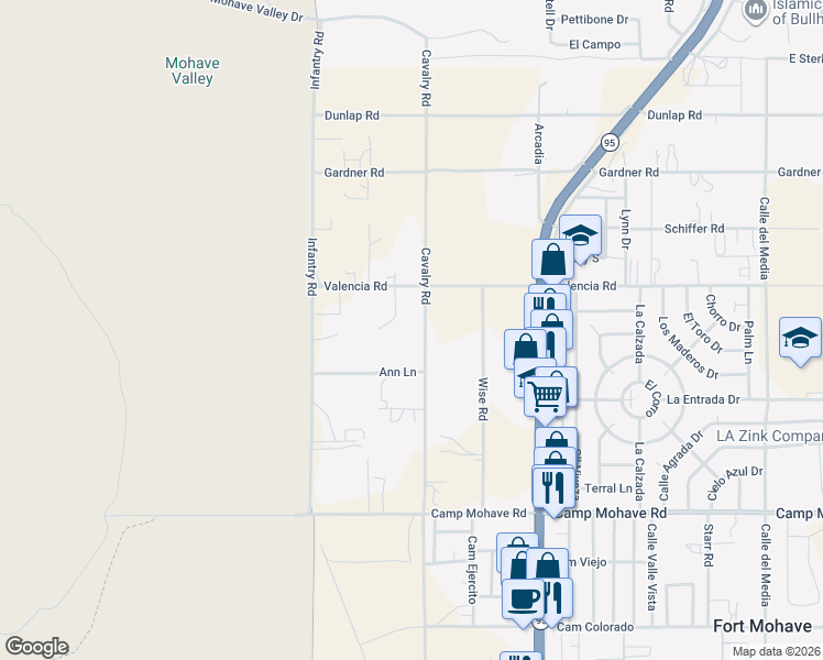 map of restaurants, bars, coffee shops, grocery stores, and more near 1370 Valencia Road in Fort Mohave
