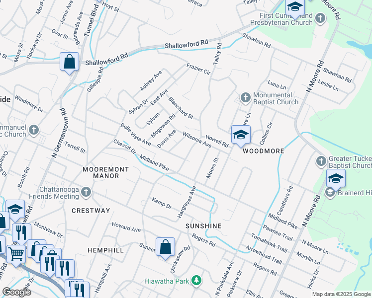 map of restaurants, bars, coffee shops, grocery stores, and more near 725 Talley Road in Chattanooga
