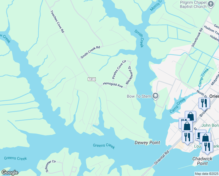 map of restaurants, bars, coffee shops, grocery stores, and more near 9104 Hornigold Avenue in Oriental
