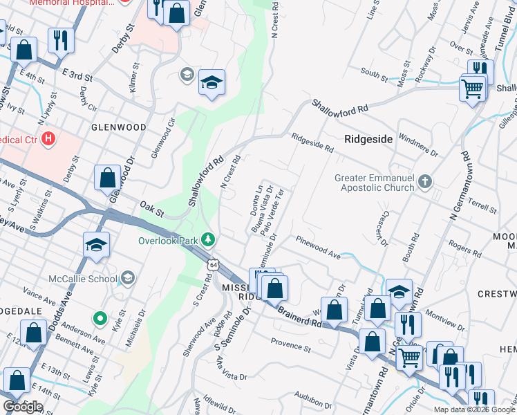 map of restaurants, bars, coffee shops, grocery stores, and more near 217 Buena Vista Drive in Chattanooga