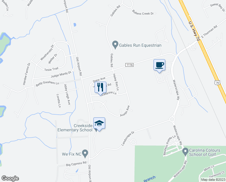 map of restaurants, bars, coffee shops, grocery stores, and more near 3102 Catarina Lane in New Bern