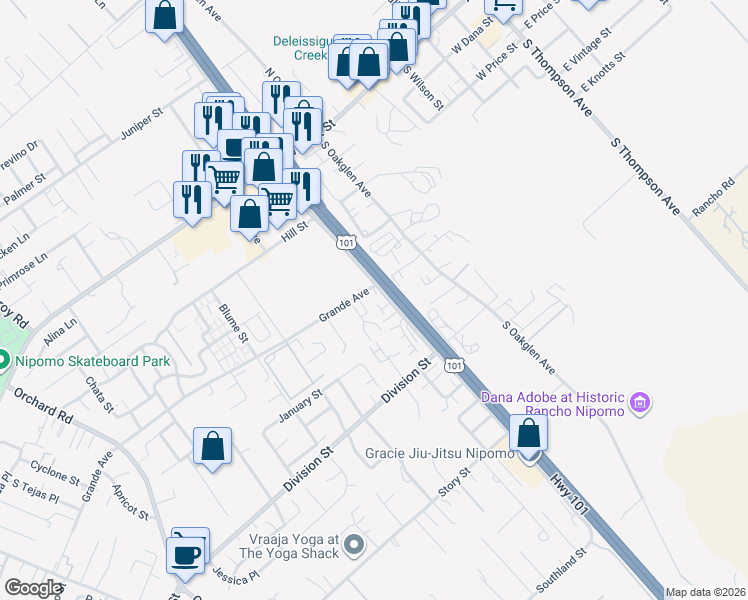map of restaurants, bars, coffee shops, grocery stores, and more near 525 Grande Avenue in Nipomo