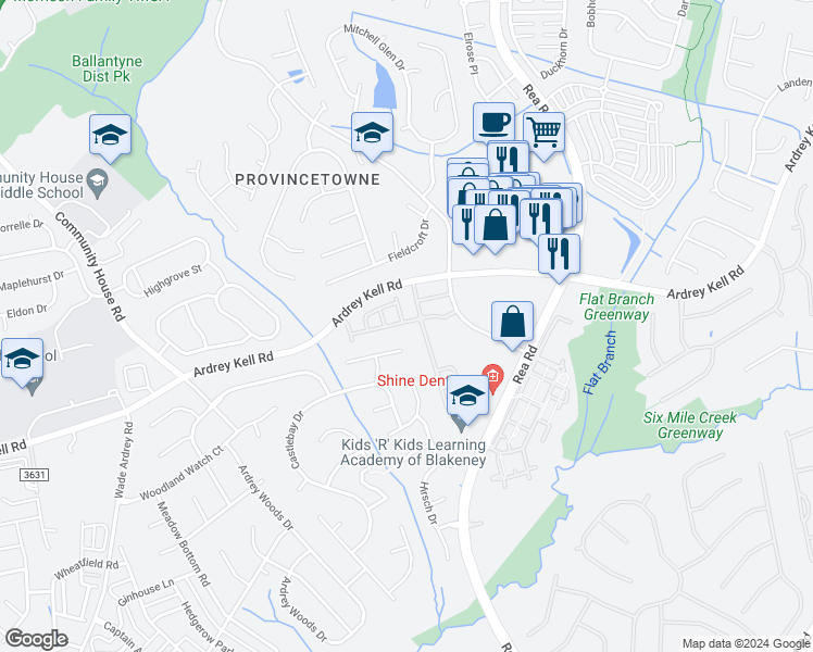 map of restaurants, bars, coffee shops, grocery stores, and more near 9119 Mcalwaine Preserve Avenue in Charlotte