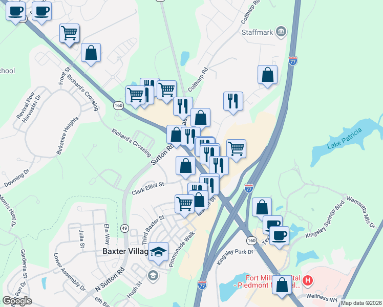 map of restaurants, bars, coffee shops, grocery stores, and more near 1650 Highway 160 in Fort Mill