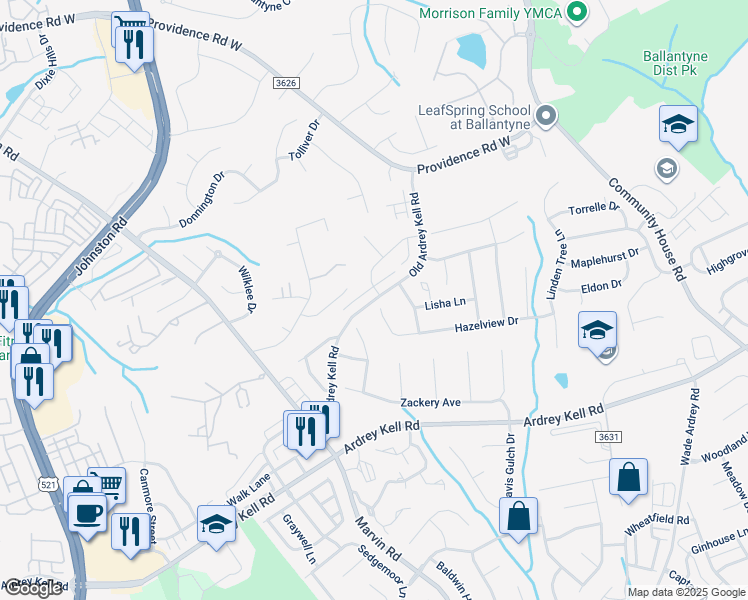 map of restaurants, bars, coffee shops, grocery stores, and more near 10267 Old Ardrey Kell Road in Charlotte