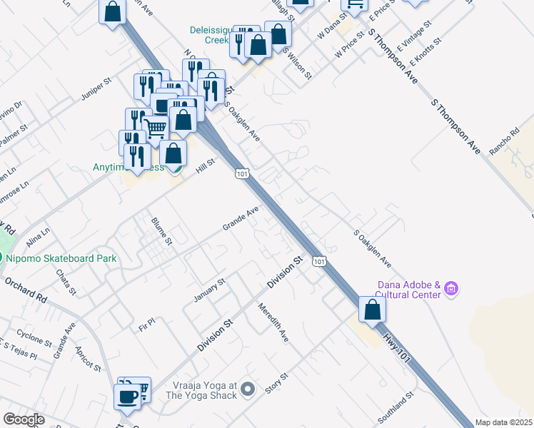 map of restaurants, bars, coffee shops, grocery stores, and more near 515 Grande Street in Nipomo