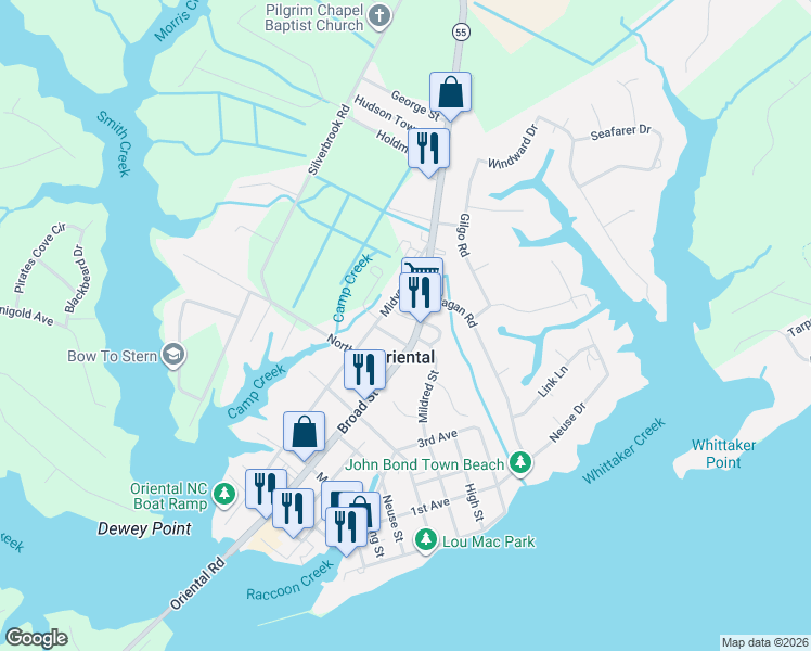 map of restaurants, bars, coffee shops, grocery stores, and more near 814 Midyette Street in Oriental