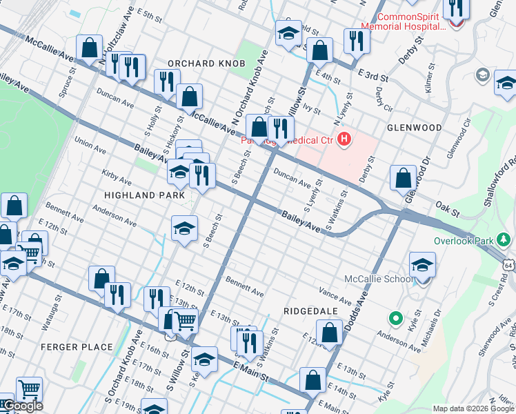 map of restaurants, bars, coffee shops, grocery stores, and more near in Chattanooga