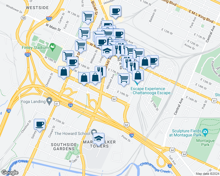 map of restaurants, bars, coffee shops, grocery stores, and more near 1733 Mitchell Avenue in Chattanooga