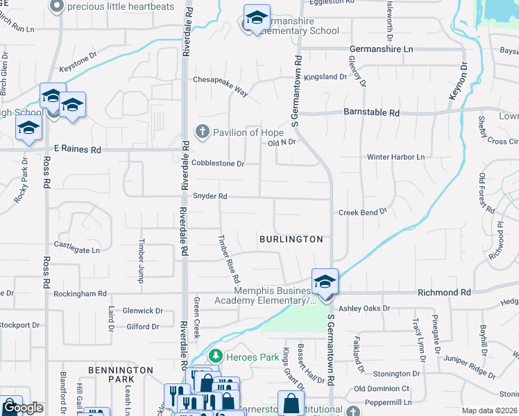 map of restaurants, bars, coffee shops, grocery stores, and more near 7120 Snyder Road in Memphis