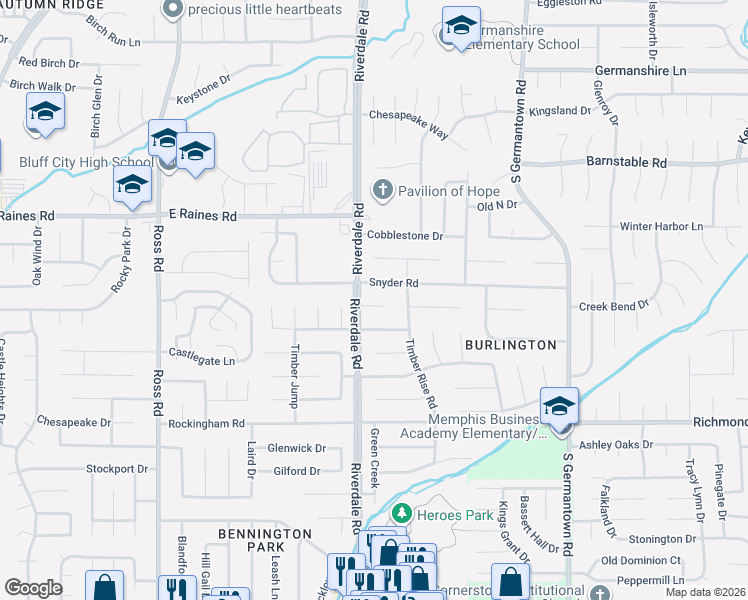 map of restaurants, bars, coffee shops, grocery stores, and more near 6977 Snyder Road in Memphis
