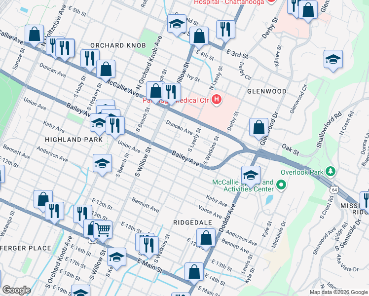 map of restaurants, bars, coffee shops, grocery stores, and more near 2209 Chamberlain Avenue in Chattanooga