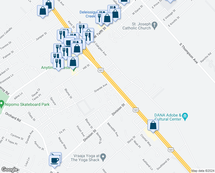 map of restaurants, bars, coffee shops, grocery stores, and more near 525 Grande Avenue in Nipomo