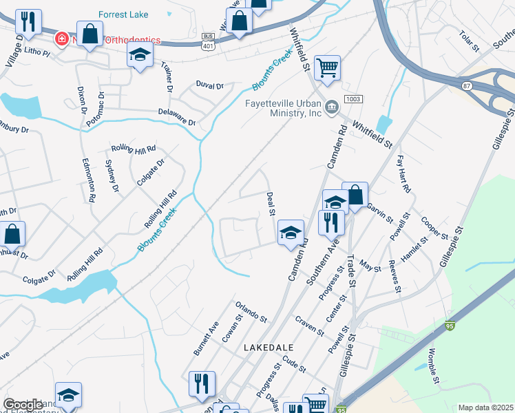 map of restaurants, bars, coffee shops, grocery stores, and more near 1490 Rocktree Court in Fayetteville