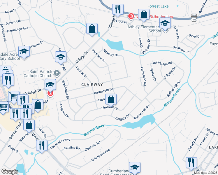 map of restaurants, bars, coffee shops, grocery stores, and more near 2506 Dartmouth Drive in Fayetteville