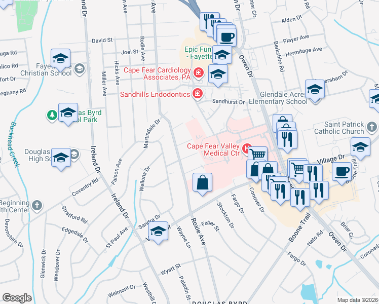 map of restaurants, bars, coffee shops, grocery stores, and more near 3529 Melrose Road in Fayetteville