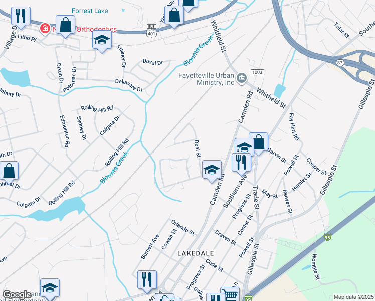 map of restaurants, bars, coffee shops, grocery stores, and more near 1490 Rocktree Court in Fayetteville