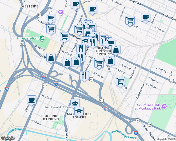 map of restaurants, bars, coffee shops, grocery stores, and more near 1733 Mitchell Avenue in Chattanooga