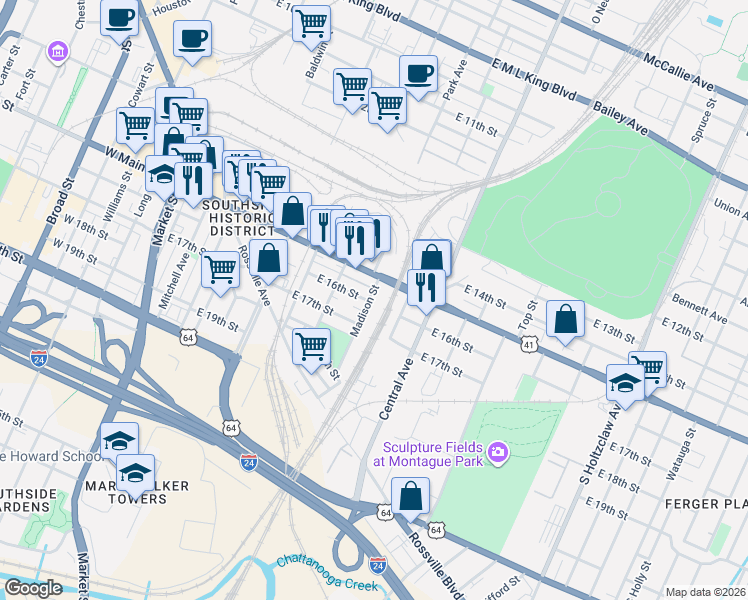map of restaurants, bars, coffee shops, grocery stores, and more near 624 East Main Street in Chattanooga