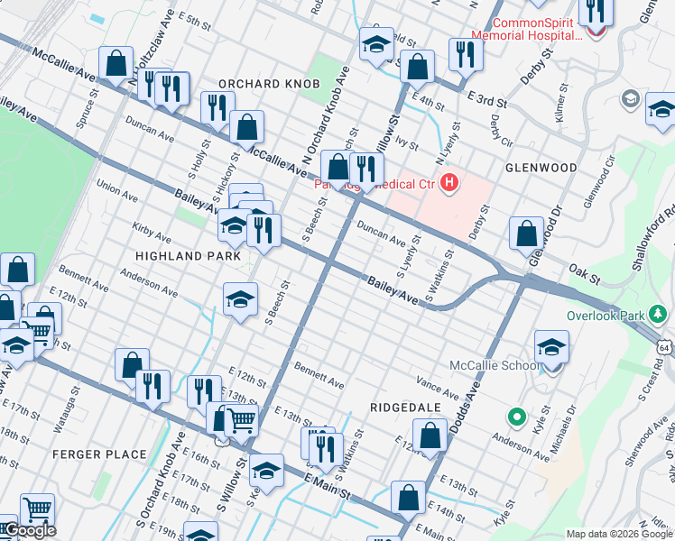 map of restaurants, bars, coffee shops, grocery stores, and more near in Chattanooga