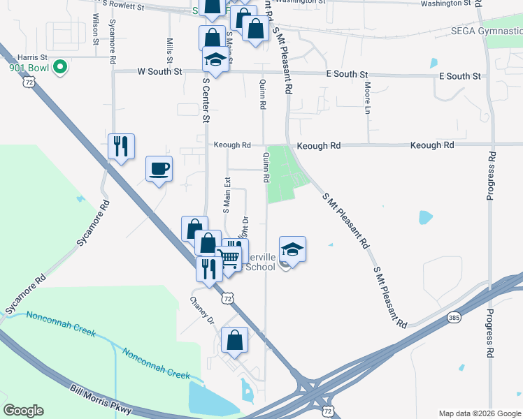 map of restaurants, bars, coffee shops, grocery stores, and more near 461 Quinn Road in Collierville