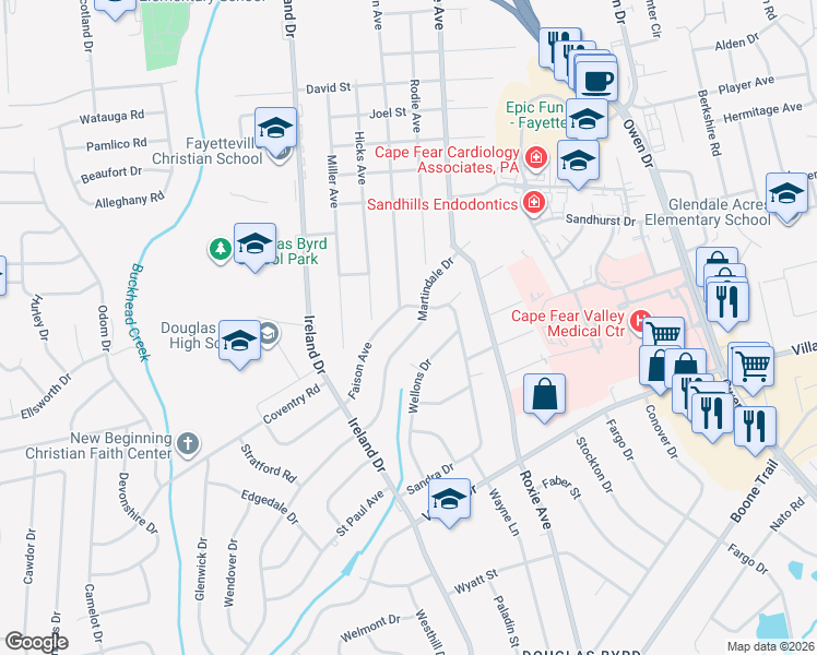 map of restaurants, bars, coffee shops, grocery stores, and more near 1100-1106 Martindale Drive in Fayetteville