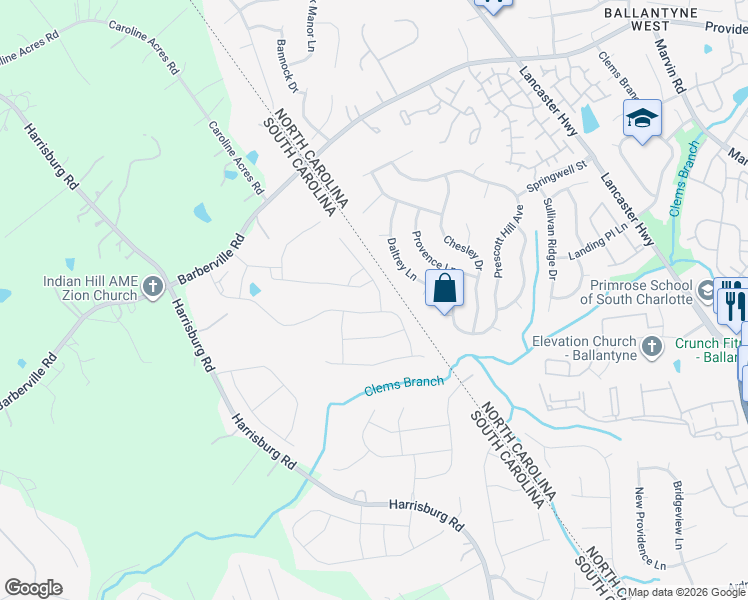 map of restaurants, bars, coffee shops, grocery stores, and more near 13828 Daltrey Lane in Charlotte