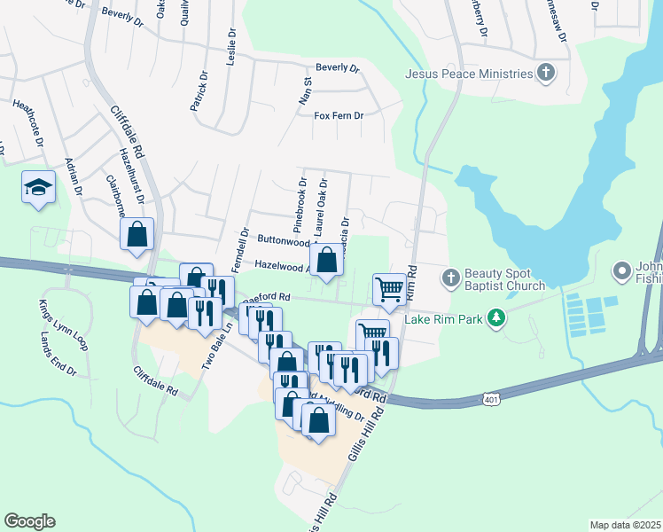 map of restaurants, bars, coffee shops, grocery stores, and more near 7704 Hazelwood Avenue in Fayetteville