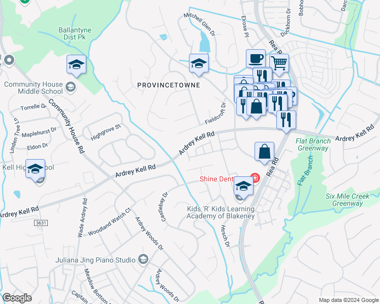 map of restaurants, bars, coffee shops, grocery stores, and more near 9809 Carson Whitley Avenue in Charlotte