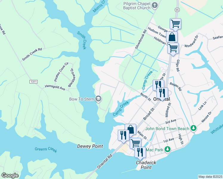 map of restaurants, bars, coffee shops, grocery stores, and more near 165 Blackwell Point Road in Oriental