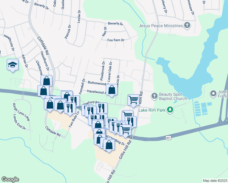 map of restaurants, bars, coffee shops, grocery stores, and more near 7704 Hazelwood Avenue in Fayetteville