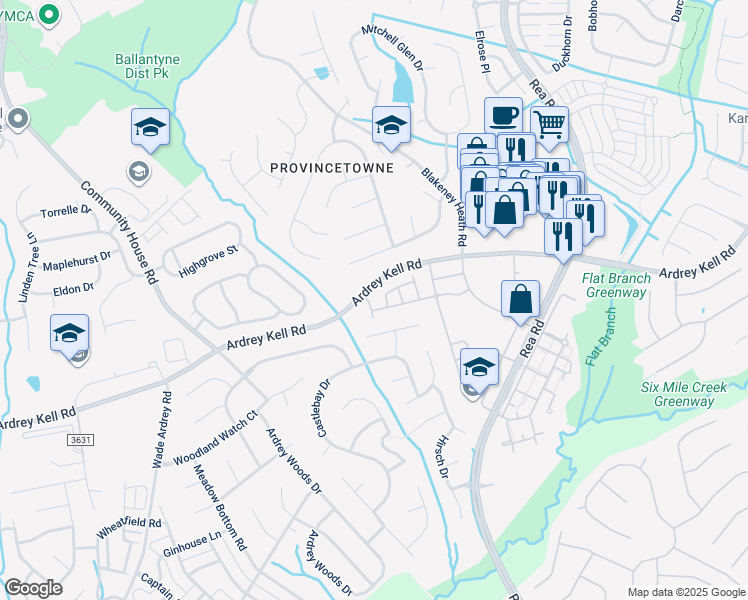 map of restaurants, bars, coffee shops, grocery stores, and more near 9809 Carson Whitley Avenue in Charlotte