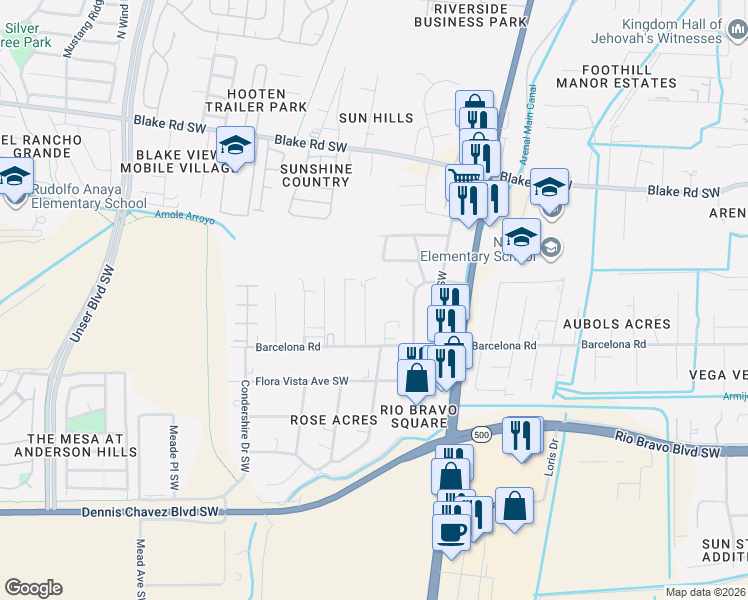 map of restaurants, bars, coffee shops, grocery stores, and more near 3921 Barcelona Road Southwest in Albuquerque
