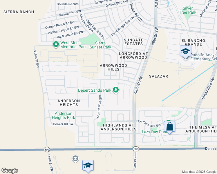 map of restaurants, bars, coffee shops, grocery stores, and more near 10040 Artemsia Avenue Southwest in Albuquerque