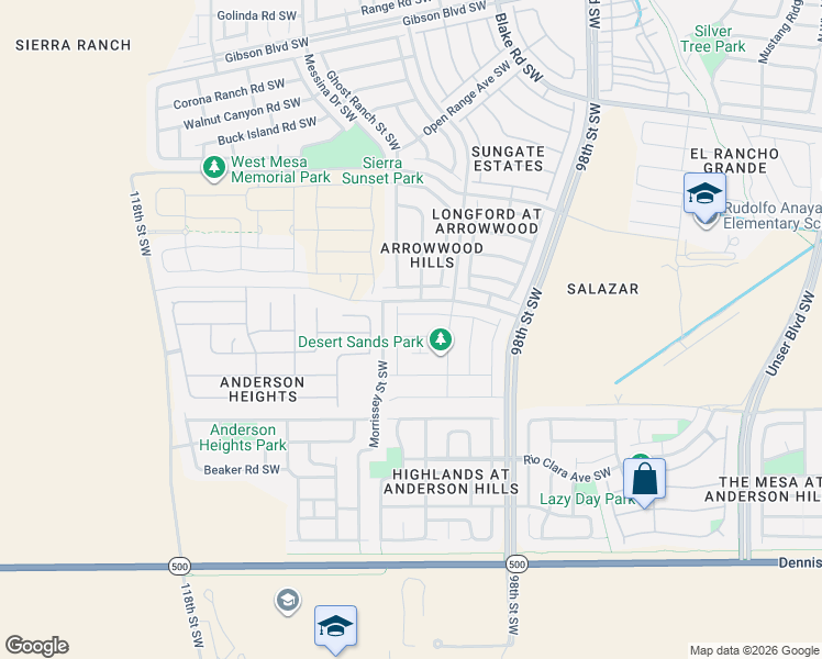 map of restaurants, bars, coffee shops, grocery stores, and more near 10040 Artemsia Avenue Southwest in Albuquerque