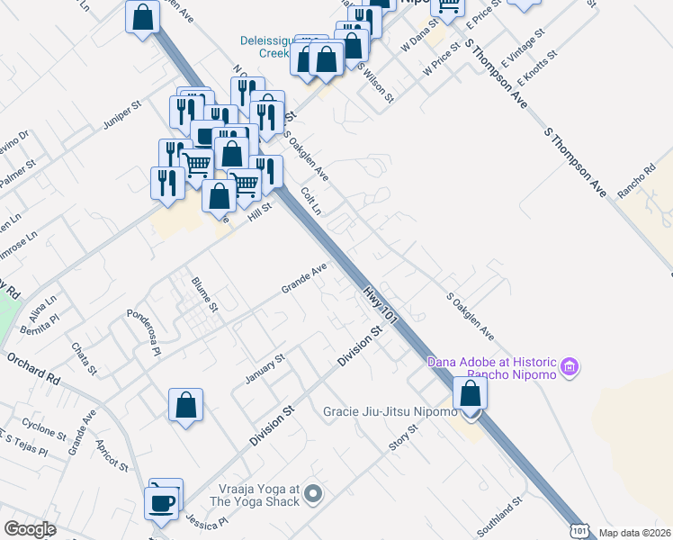 map of restaurants, bars, coffee shops, grocery stores, and more near 515 Grande Street in Nipomo