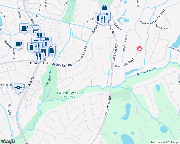 map of restaurants, bars, coffee shops, grocery stores, and more near 12538 Abbotsbury Court in Charlotte