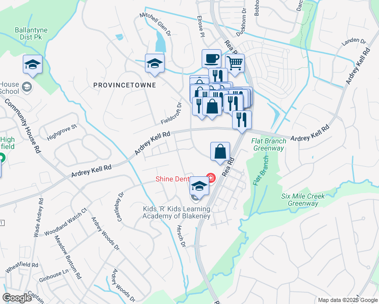 map of restaurants, bars, coffee shops, grocery stores, and more near 8936 Blakeney Professional Drive in Charlotte